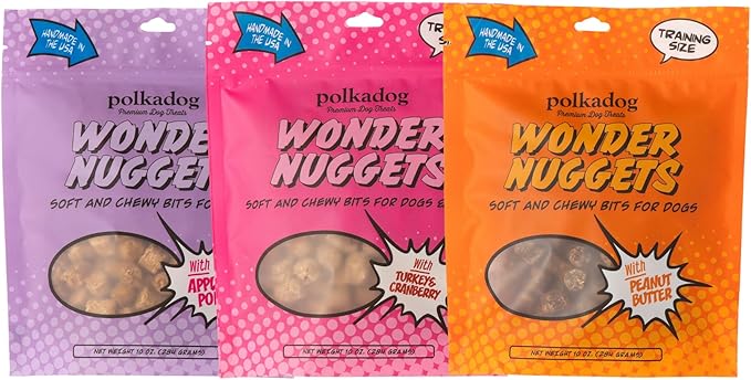 Polkadog Wonder Nuggets Variety 3-Pack– Includes Peanut Butter, Turkey & Cranberry, Apple & Pork – Soft & Chewy, Limited Ingredient Healthy Training Treats – Natural, Made in USA – 10 oz (Pack of 3)