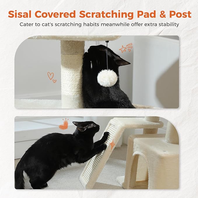 PETEPELA Small Cat Tree for Indoor Cats, 32'' Cute Cat Tower Cat Condo with Sisal Scratching Ramp, Cozy Hammock and Removable Top Bed Perch for Kittens, Beige