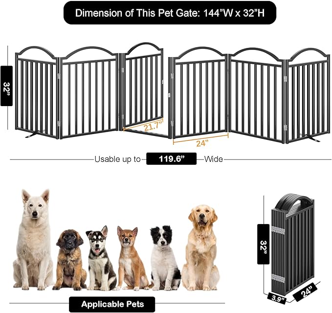 UDD Metal Folding Dog Gate Indoor 144" Extra Wide, 32" Tall Foldable Pet Gate with Door for Stairs Doorways Hallways Porch, Freestanding No Drilling Pet Fence for Dogs Puppy, Black 6-Panel