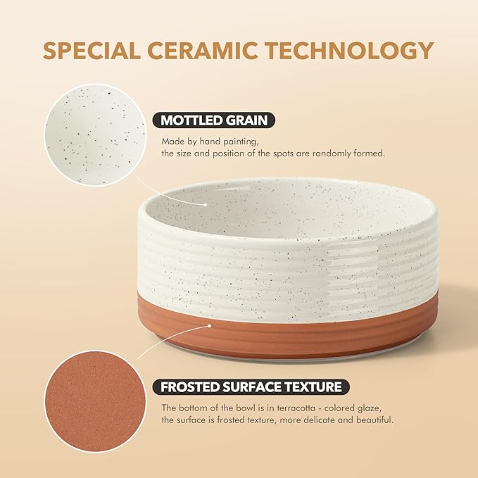 Ceramic 7.3inch Raised Double Dog Bowls Set with Acacia Wood Stand, Food & Water Bowls for Medium Breed Dogs, Weighted Pet Dishes(41oz, Vanilla White)