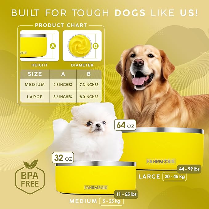 64 OZ Dog Bowl with Slow Feeder Insert Stainless Steel Pet Water Bowl for Medium & Large Breed Non Slip Rubber Base & Plastic Puzzle Feeder - Yellow