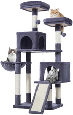 Taoqimiao 56.3-Inch Cat Tree, Cat Tower with Scratching Posts, Cat Tree House for Indoor Cats with hammocks, Toys, Condo and Large Scratch Board, Smoky Gray MS012G
