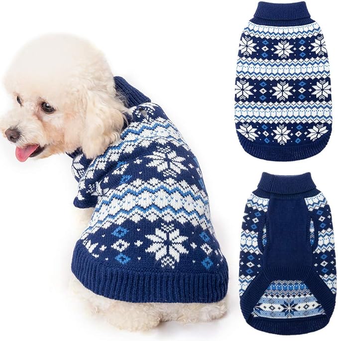 KOOLTAIL Cable Knit Dog Sweater Turtleneck, Cold Weather Pullover Classic Knitwear, Snowflake Pattern Thick Warm Winter Pet Clothes, Dog Christmas Sweater for Small Medium Large Dogs Cats,Navy Blue SM