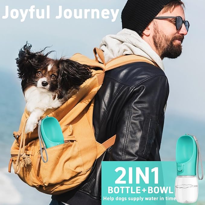 Portable Dog Water Bottle with Bowl, Leak Proof, Convenient for Walking, Hiking and Camping (Blue, 12oz)