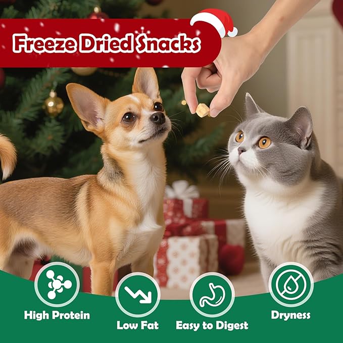 MON2SUN Christmas Dog and Cat Treats, Freeze-Dried Holiday Box Treats, Single Ingredient, High Protein Training Treats & Food Topper, 7.8 oz