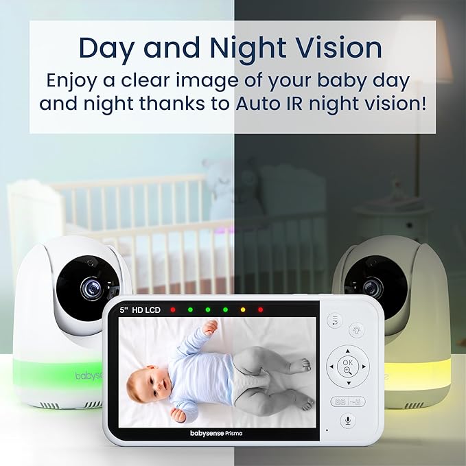 Babysense Prisma Baby Monitor with Camera and Audio, 5” HD Video Baby Monitor with 2 Cameras, 6-Color Night Light, Split Screen, Sound Machine with White Noise & Lullabies, Secure No WiFi