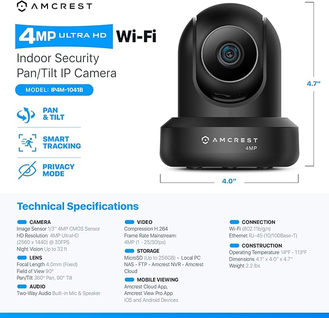 Amcrest 4MP ProHD Indoor WiFi, Security IP Camera with Pan/Tilt, Two-Way Audio, Night Vision, Remote Viewing, 4-Megapixel @30FPS, Wide 90° FOV, IP4M-1041B (Black)