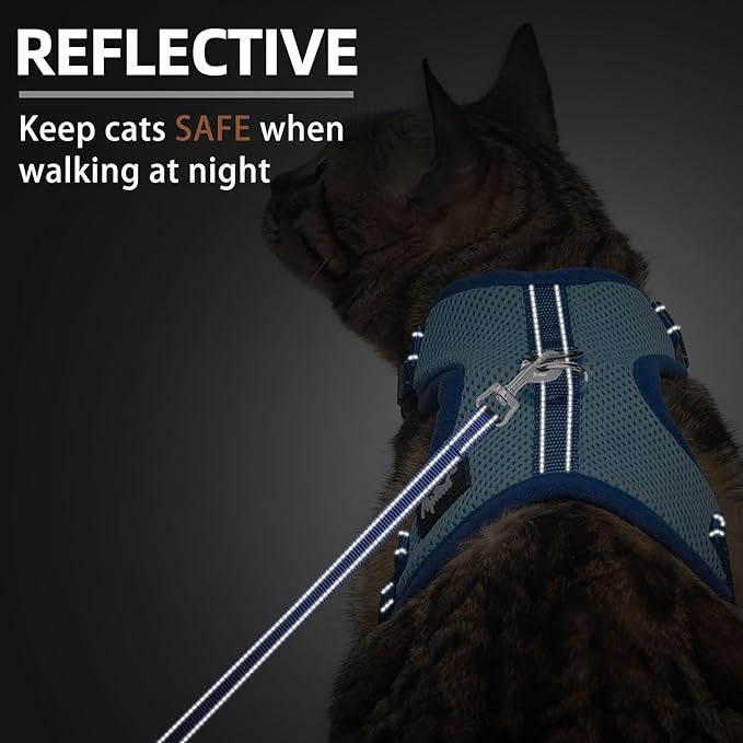 PUPTECK Cat Harness and Leash Set Escape Proof, Reflective Adjustable Soft Mesh Kitten Vest Harness for Walking Travel, Blue, S
