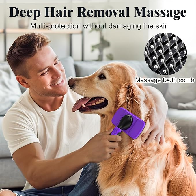 3PCS Dog Grooming Kit - Deshedding Dog Brush, Self Cleaning Slicker Brush, Bath Brush and Comb, Suitable for Hair Removal and Bathing of Dogs & Cats (Purple Black)
