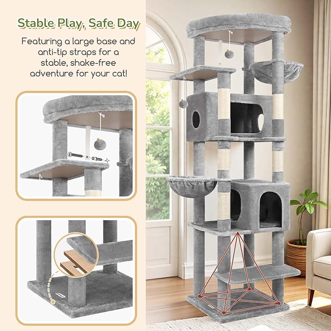 Globlazer Heavy Duty Cat Tree, 74in Sturdy Cat Tower for Large Cats Adult, Big Cat Tree with 5 Sisal Scratching Posts, 2 Padded Condos, 2 Dual-Ear Hanging Baskets, Enlarged Top Perch, S74, Light Grey