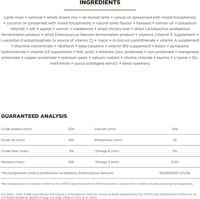 Go! Solutions Skin + Coat Care, Dry Dog Food, Lamb Recipe with Grains, 22 lb Bag