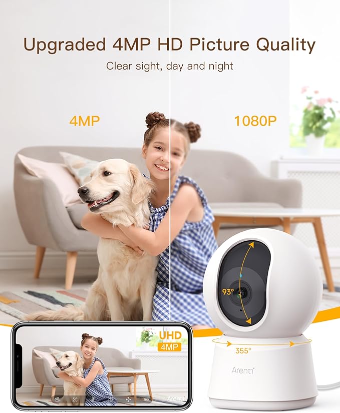 ARENTI 5G Security Camera Indoor, 4MP Pet Camera with Speaker for Dog/Cat, Baby Monitor with Phone App, Dual-Band WiFi, Auto Tracking, Super Night Vision, 2-Way Talk, Cloud & SD Card Storage