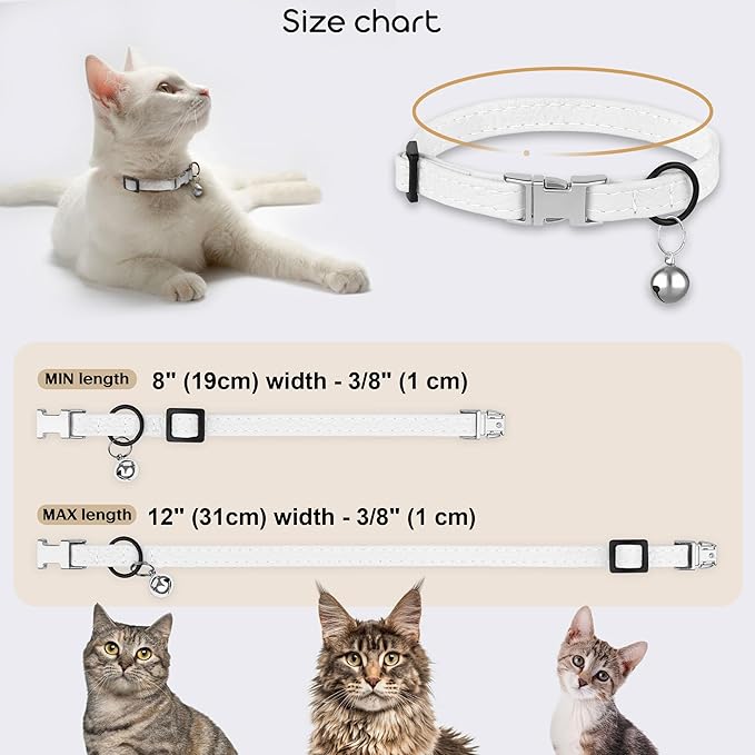 Leather Cat Collar with Buckle and Removable Bell - Non Breakaway Adjustable Soft Safety Small Pet Collars for Girl Boy Cats Kitten (White)