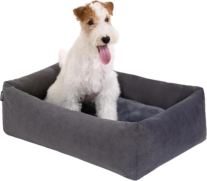 Durable Pet Bed for Small Dogs and Cats, 24" Rectangle Puppy Sofa with Bolster Sides, Washable Soft Fabric with Reversible Cushion, Easy to Clean and Perfect for Crate Use (Gray, S)