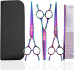 Dog Grooming Scissors kit 7 in 1 Professional Pet Cat Hair Cutting Shears At Home Including Straight Curved Thinning Scissors with Safety Round Tip, Comb
