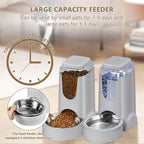 HWONMTE Portable Automatic Cat Feeder and Water Dispenser with Stainless Steel Bowl Dog Gravity Food Feeder and Waterer for Small Medium Pets Puppy Kitten 1 Gallon x 2 (Silver Gray)