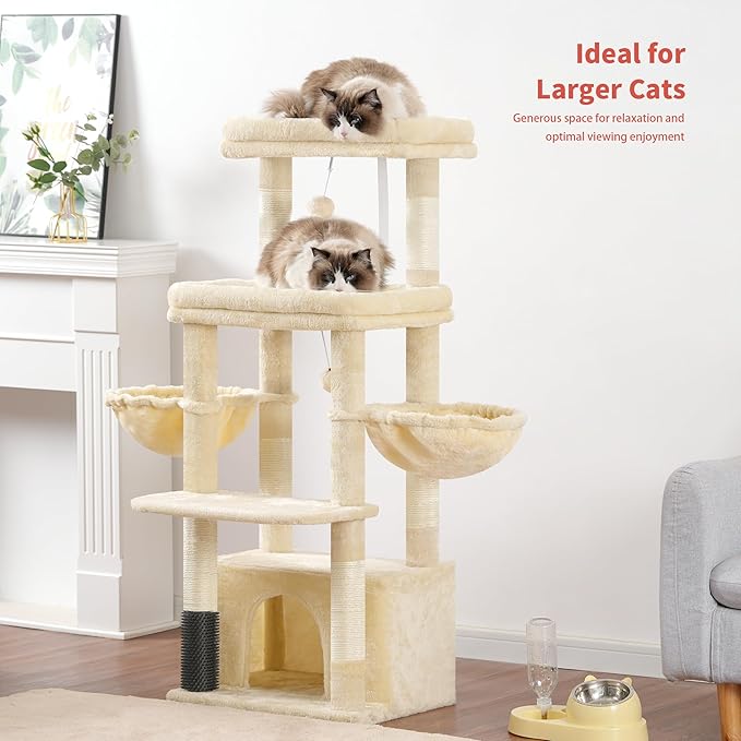 Hey-brother Cat Tree Tower, Scratching Posts with Extra Large Platform, Specious Condo, 2 Cozy Hammocks, Self-Grooming Brush for Indoor Adult Cats, Maine Coon 51.1 inches, Beige MPJ070M