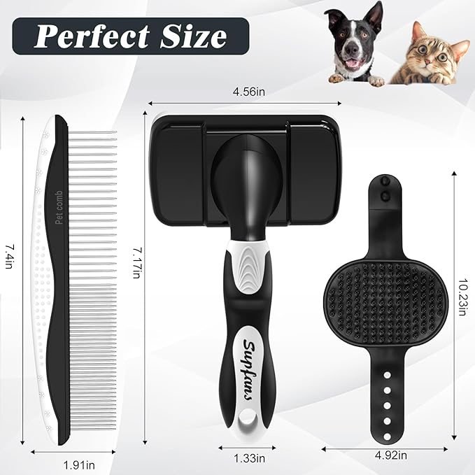 3PCS Dog Grooming Kit - Deshedding Dog Brush, Self Cleaning Slicker Brush, Bath Brush and Comb, Suitable for Hair Removal and Bathing of Dogs & Cats (white Black)