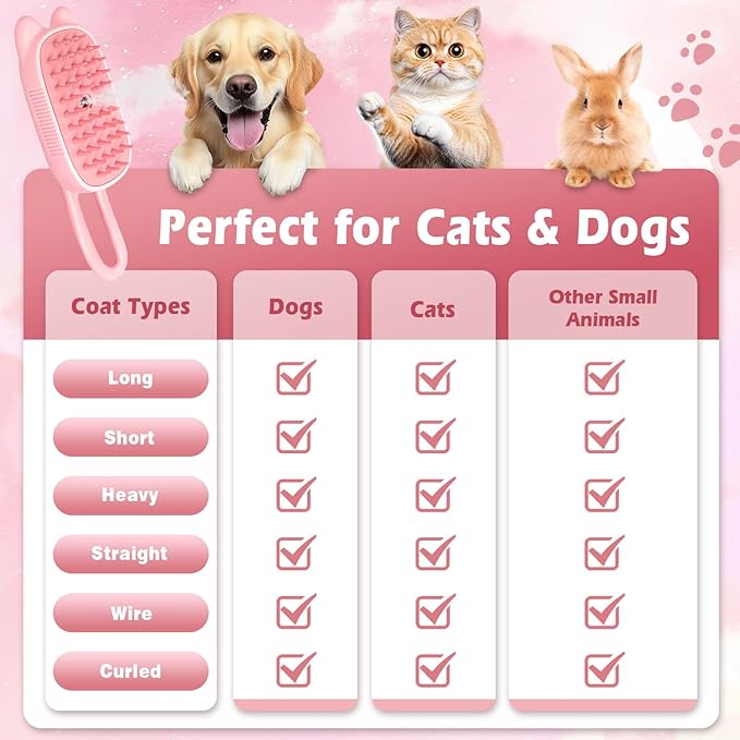 Cat Steam Brush for Dog & Cat, Spritz Defur Comb 3 in 1 Pet Rechargeable Steam Brush Tool for Long and Short Haired Cats and Dogs, Anti-Static, Shedding, Detangling, Massage & Combing (pink)