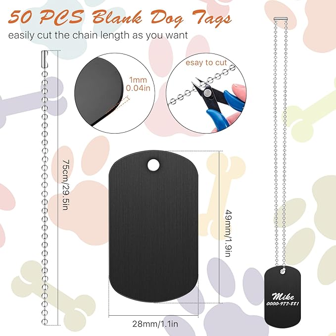 100Pcs Military Dog Tags Set, 50 Pcs Aluminum Blank Dog Tag and 50 Pcs Iron Necklace Chain, Dog Tags Personalized for Pets, Suitable for Laser Engraving
