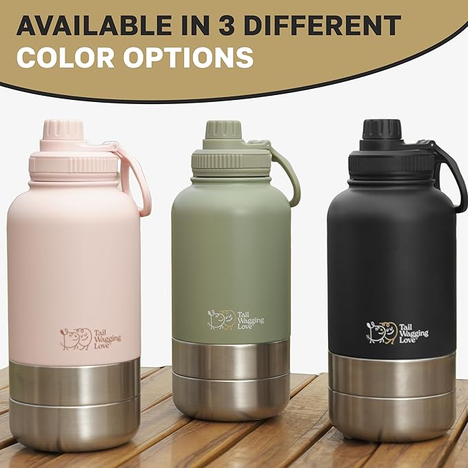 32oz 3-in-1 Portable Travel Water Bottle, Food & Hydration Bottle - Dual Use for Humans & Pets with Detachable Bowls, Stainless Steel, Keeps Water Hot for 6hrs & Cold for 12hrs