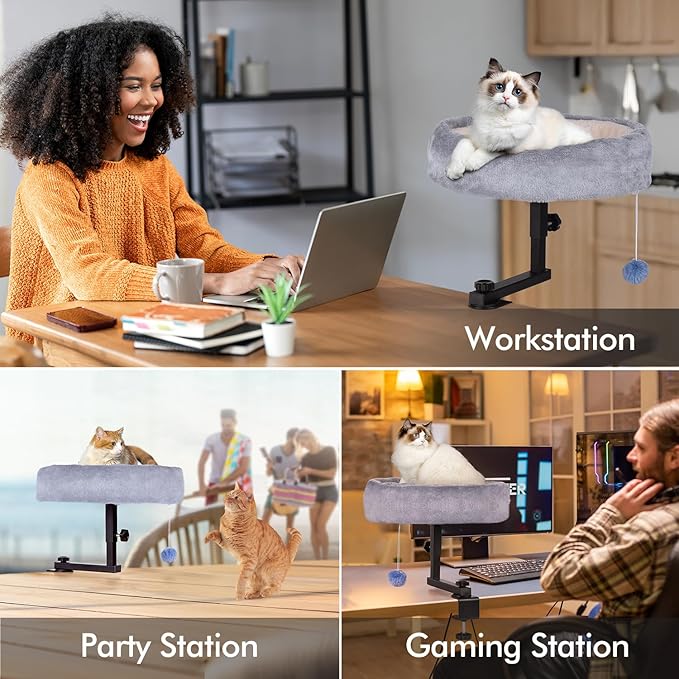 Cat Desk Bed - 360°Rotating & Adjustable, Supports Up to 44 lbs, Soft Faux Fur Fabric, Desk Cat Nest Bed Modern Indoor Cat Furniture for Office Desks and Game Tables, Island Table