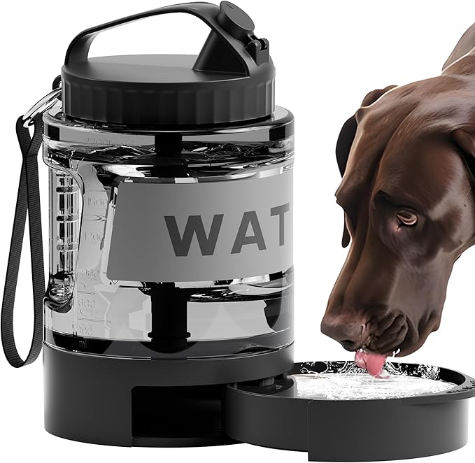 77oz Portable Dog Water Bottle, Camping Essentials, Large Travel Bottle with Pull-Out Drinking Bowl, Portable Beach Accessories, Car Water Container for Dogs, BPA Free - Black