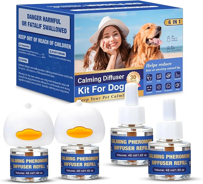 Dog Pheromone Calming Diffuser: Relaxing Pheromone for Dogs Relief Stress Anxiety Fighting Scratching Barking, Dog Calming Pheromone Diffuser Kit with 2 Plug in Diffuser+4 Refill 48ml (6in1)