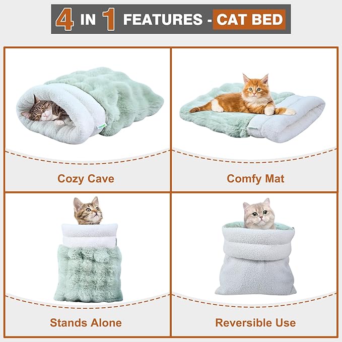 4 in 1 Self Warming Burrow Cat Bed, Pet Hideway Sleeping Cuddle Cave (Style2- Green)