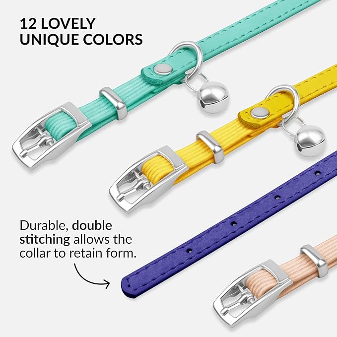 CollarDirect Leather Cat Collar with Bell - Kitten Collar, Small and Big Cat Strap for Boy Cats, Girl Cats with Safety Elastic Strap (Neck Fit 6"-7", Purple)