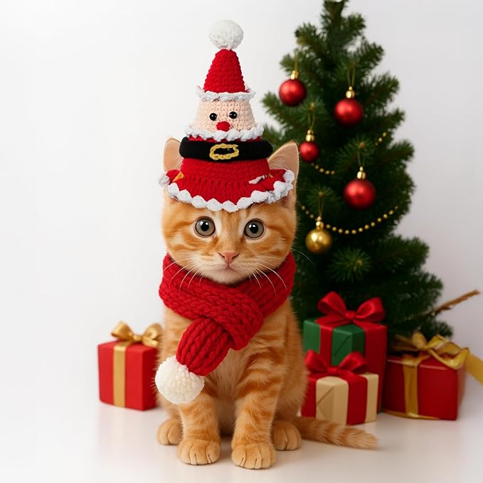 2 Pcs Cat Christmas Costume Cat Santa Hats with Scarf Pet Hat Scarf Set Pet Christmas Outfit Party Costume Supplies for Cats Small Dogs Puppy Accessories(Red,Santa Claus Style)