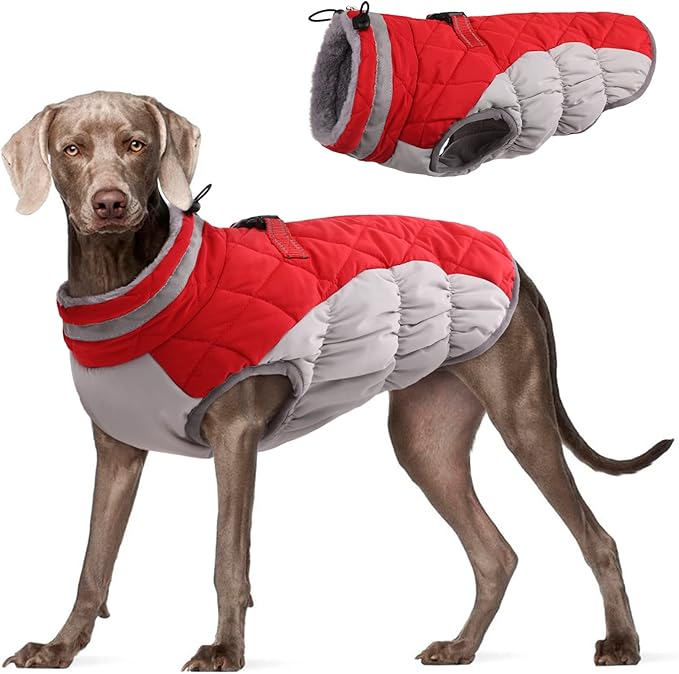 FUAMEY Dog Coat for Large Dogs,Waterproof Dog Winter Jacket with Harness Built in Puppy Cold Weather Coats Reflective Pet Vest with Zipper Warm Fleece Dogs Snowsuit Windproof Red XXXL