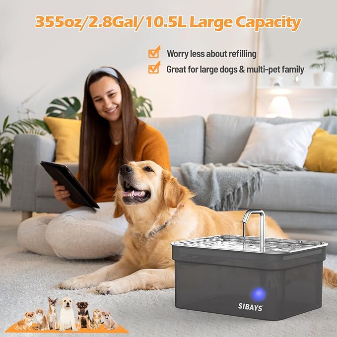 SIBAYS Dog Water Fountain for Large Dogs, 355oz/2.8Gal/10.5L Automatic Dog and Cat Water Fountain, Large Pet Fountain with Stainless Steel Bowl, Dog Water Bowl Dispenser Easy to Clean, BPA-Free(FS70)