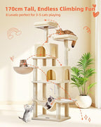 Taoqimiao Cat Tree, 66.2-Inch Cat Tower for Indoor Cats, Plush Multi-Level Cat Condo with 7 Scratching Posts, 2 Perches, 2 Caves, Hammock, 2 Pompoms, Beige MS013M