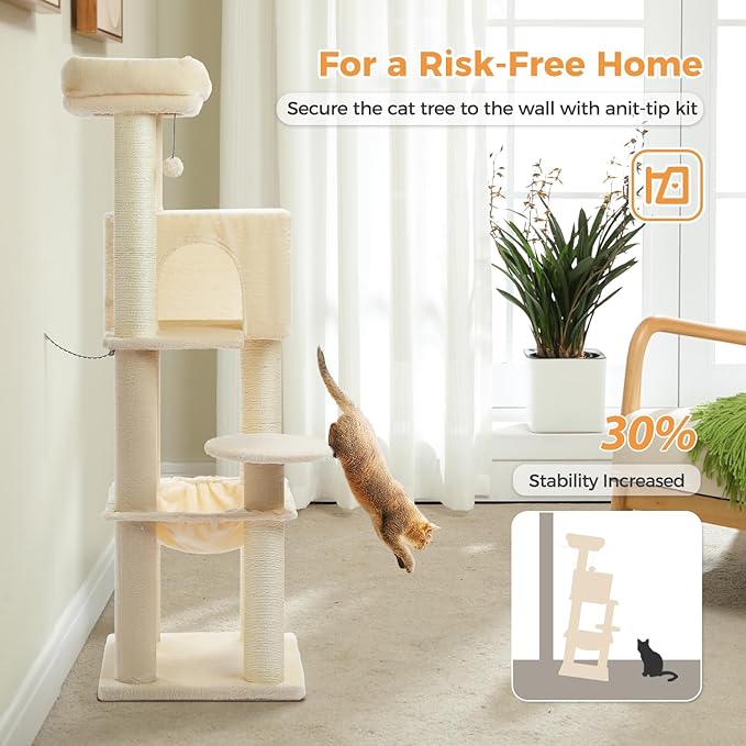 PETEPELA Cat Tree for Large Cats up to 30 lbs, 58" Heavy Duty Cat Tower with Reinforced Scratching Posts[ φ3.1”], Large Hammock, Spacious Condo & Top Perch, Sturdy Cat Furniture for Maine Coons, Beige