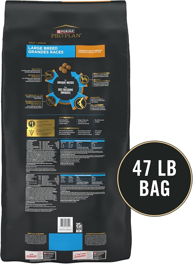 Purina Pro Plan High Protein, Digestive Health Large Breed Dog Food Dry, Chicken and Rice Formula - 47 lb. Bag