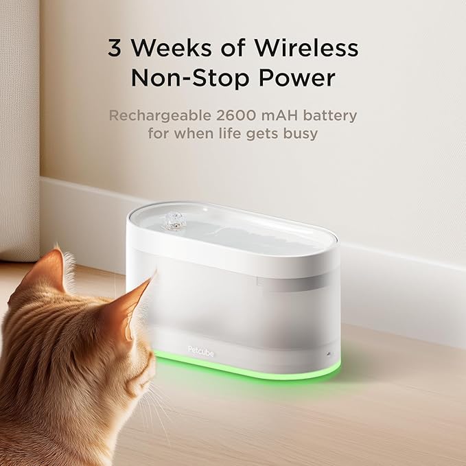 Petcube Bundle of Water Fountain with Stainless Steel Basin+3 Filters Pack | Automatic Wireless Fountain for Cats and Dogs, Easy to Clean, in-App Filter Control, Quiet Pump, Battery Operated