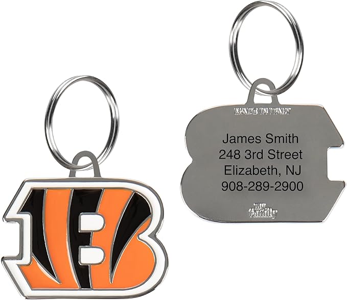 NFL Cincinnati Bengals Engraving Pet ID in 32 Team Logo Shapes - Personalized Dog and Cat Tags With 3 Lines of Customizable Text for Tracking & Safety - Stainless Steel