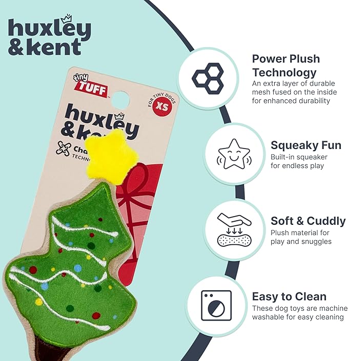 Huxley & Kent Funny Dog Toy w/Squeaker – Holiday Power Plush Squeaky Dog Toys for Small Dogs – Durable Small Stuffed Animal for Indoor Play & Fetch - Tiny Tuff Christmas Tree Cookie