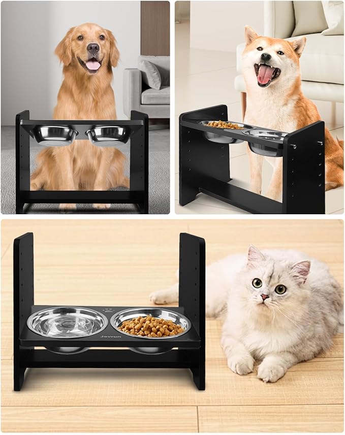 Elevated Dog Bowls, Adjustable Raised Dog Bowl Stand for Medium Size Dogs and Cats, Durable Bamboo Dogs Feeder with 2 Stainless Steel Bowls and Non-Slip Feet, Pet Food Bowl for Medium Sizes