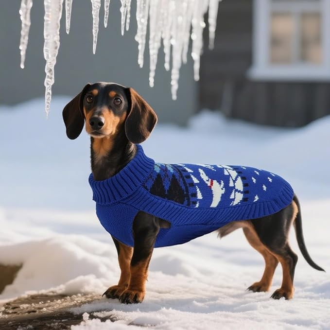 Ultra-Soft & Stretchy Turtleneck Dachshund Sweater, Fall/Winter Christmas Knitted Dachshunds Sweaters, Pullover Weiner Dog Clothes for Girls Boys, Puppy Outfit for Male Female Weenie Dogs (Blue, L)