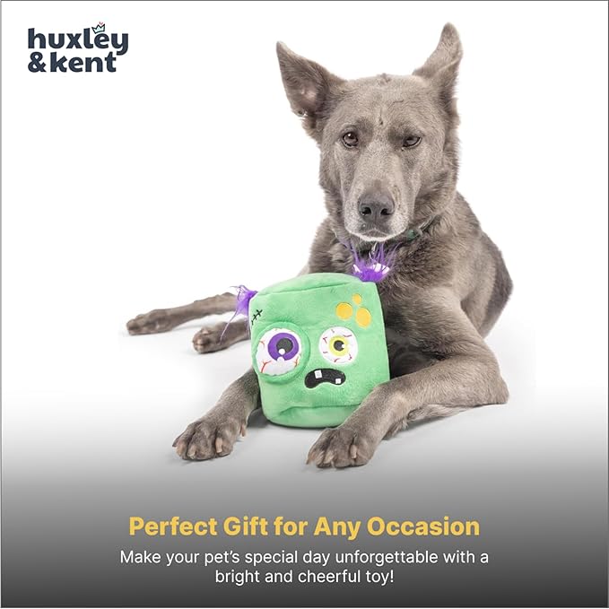 Huxley & Kent Dog Plush Toy w/ Squeaker - Interactive Dog Toys For Puppies & Adult Dogs - Diamond Mesh Tech Lined Puppy Plush Toys - Easy-to-Clean Pet Toy (Pop n' Fetch Zombie Pop-Eye,Small)