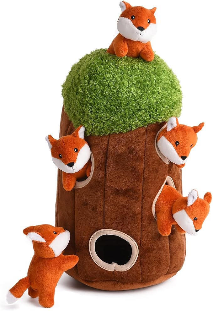 Interactive Squeaky Dog Toys Fox Dog Toy, Stuffing Woodland Friends Burrow, Squeaky Plush Dog Toys for Small Medium Large Dogs Small Size (Large)