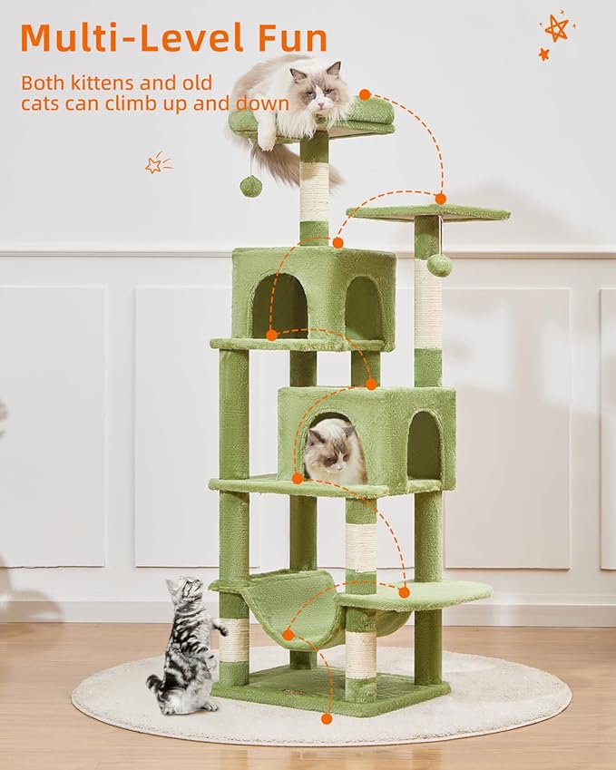 Taoqimiao Cat Tree, 61-Inch Cat Tower for Indoor Cats, Plush Multi-Level Cat Condo with 5 Scratching Posts, 2 Perches, 2 Caves, Hammock, 2 Pompoms, MS013SGR Green