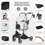 T3 Pro 3-in-1 Pet Stroller for Small Dogs & Cats – Foldable, Lightweight with Detachable Carrier, 180° Canopy & Cup Holder (Beige)