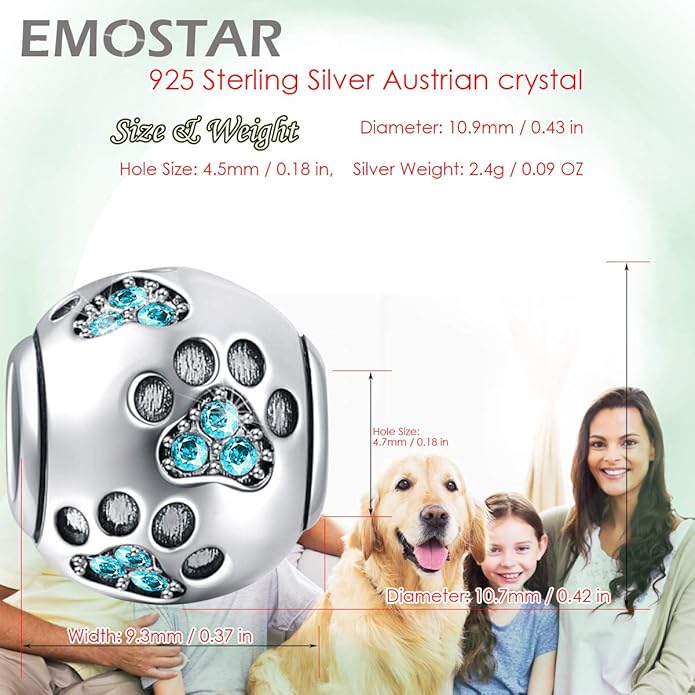 EMOSTAR Dog Paw Print Charms with Various Birthstone Crystals, 925 Sterling Silver Pawprint Beads for 3mm Snake Chain, Pet Lover Gifts for European Women Bracelet