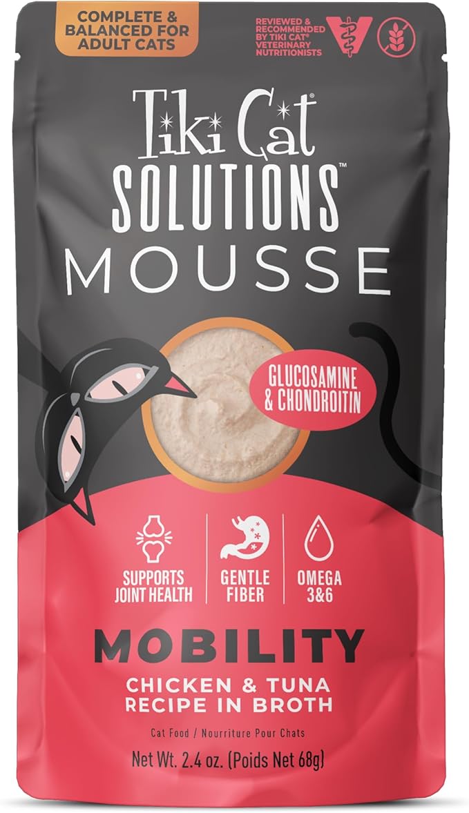 Tiki Cat Solutions Mobility Mousse, Chicken & Tuna Recipe in Broth, Formulated to Support Healthy Joints, Functional Wet Cat Food, 2.4 oz. Pouch (12 Count)