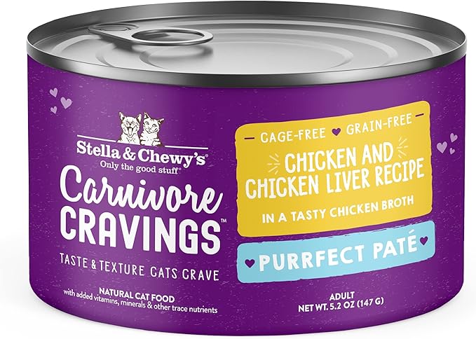 Stella & Chewy's Carnivore Cravings Purrfect Paté - Premium Grain-Free Wet Cat Food - Chicken & Liver Recipe - High Protein with Bone Broth - Perfect for Picky Eaters - 5.2oz Cans (24 Pack)