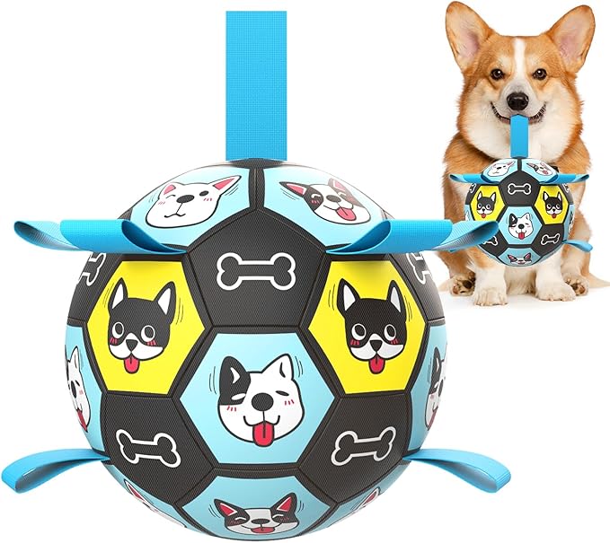 Dog Toy Soccer Ball with Straps, Herding Ball for Dogs, Outdoor Interactive Dog Toy, Dog Fetch Toy, Ideal for Medium & Large Dogs, Great Puppy Birthday (6 Inch)
