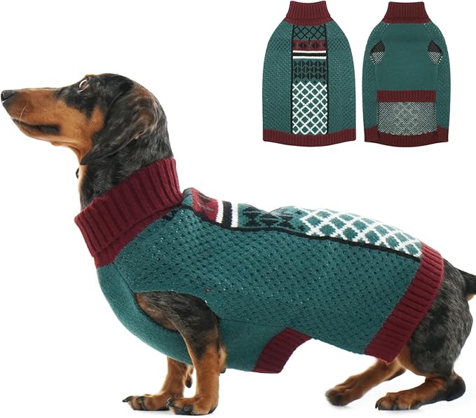 Large Dog Sweater for Male Female, Thick Turtleneck Sweater with Leash Hole, Cold Weather Thermal Christmas Sweaters for Dogs French Bulldog, Warm Holiday Clothes Sweatshirt, Green L